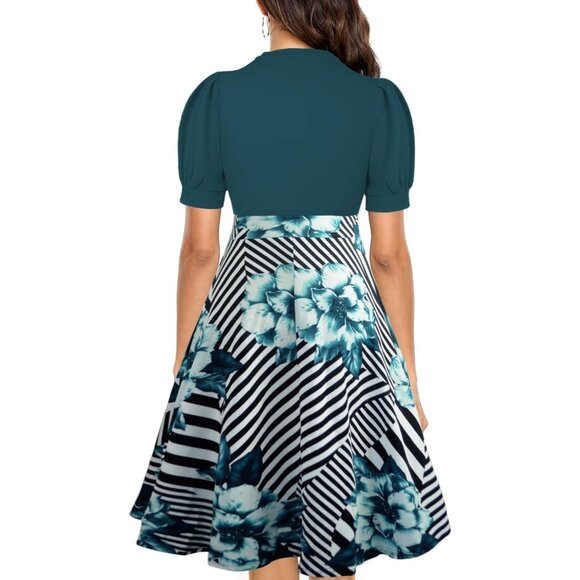 Women Green+floral Short Puff Sleeve Flare Semi-Formal Summer Dress With Pockets - Picture 2 of 2